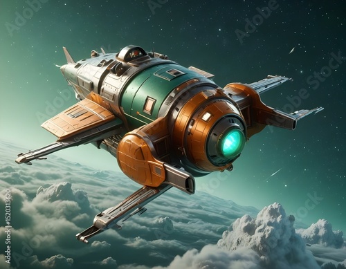 Wallpaper Mural A vintage silver and green spacecraft flying through a starry night Torontodigital.ca