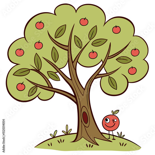 Apple Tree with Red Apples and Cartoon Apple Character