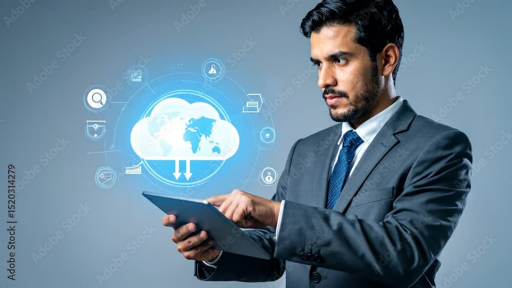Businessman Using Cloud Technology on Tablet for Global Business Connectivity Businessman Using Cloud Technology on Tablet for Global Business Connectivity
