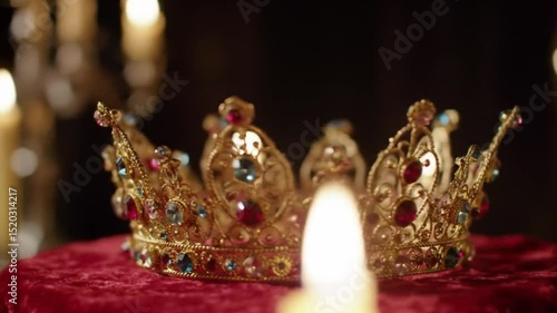 A close up of a gold crown adorned with colorful jewels sitting on a red velvet surface near a candle