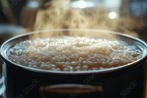 Steaming White Rice. Delicious and Nutritious Homemade Meal in Kitchen Setting