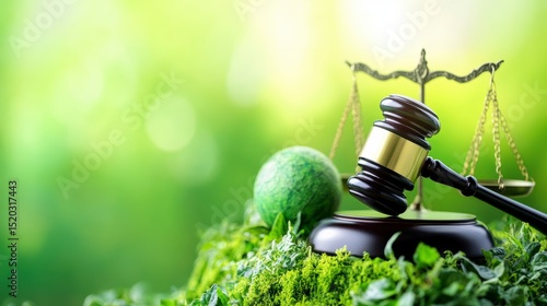 Fototapeta Naklejka Na Ścianę i Meble -  Gavel, scales of justice, and globe on moss, symbolizing environmental law.