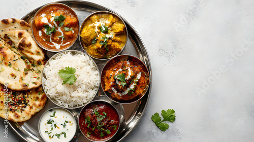 Traditional Indian thali with assorted curries, rice, naan, and condiments on a light neutral background