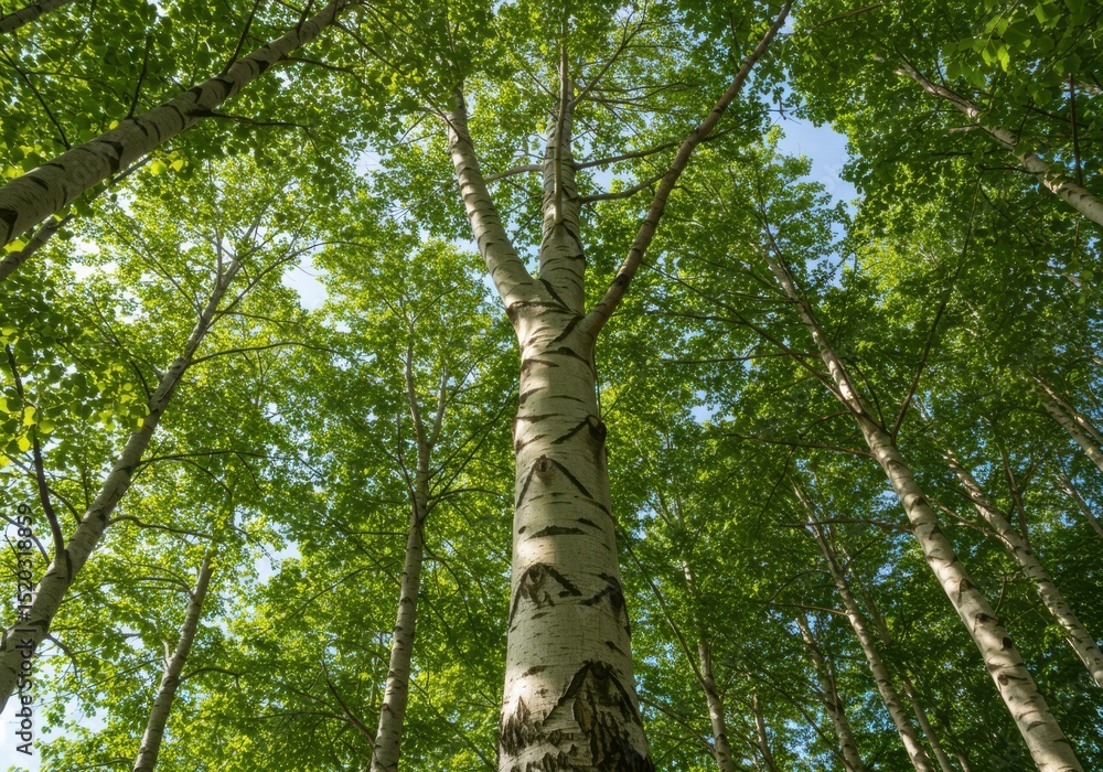 Fototapeta premium Birch trees canopy view from below isolated on white background