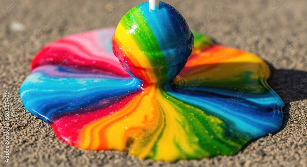 Obraz premium Vibrant rainbow lollipop melting on textured gray surface revealing colorful swirls and textures with close-up shot and bright lighting.