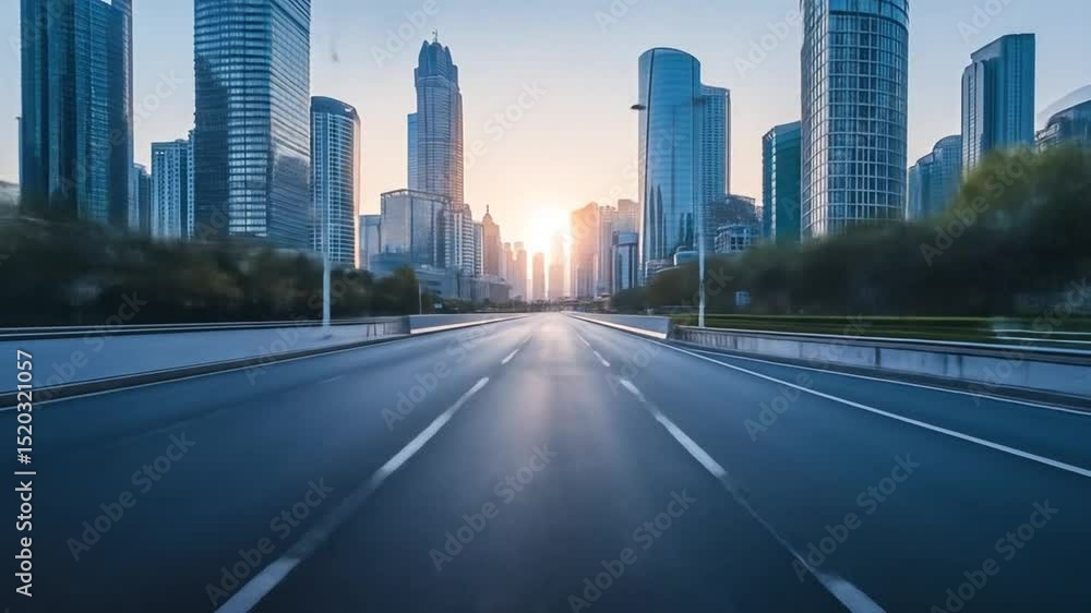 Empty road leading to modern city skyline at sunrise urban infrastructure view Empty road leading to modern city skyline at sunrise urban infrastructure view