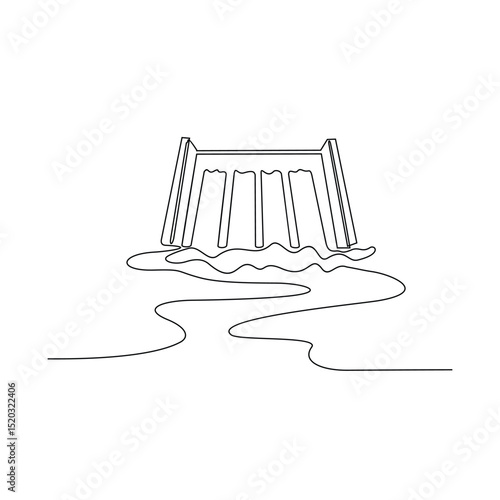 One continuous line drawing of a Dam with water flow to the rice field irrigation system vector illustration. National development theme design in simple linear concept. Suitable for your asset design