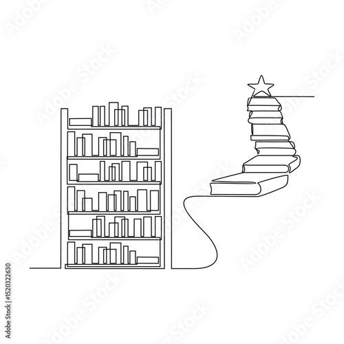 One continuous line drawing of a Library with bookshelves flowing into a ladder of progress vector illustration. National development themes design in simple linear concept. Suitable for your asset.