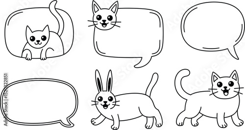 A collection of cartoon animals and speech bubbles in black and white line art illustration style