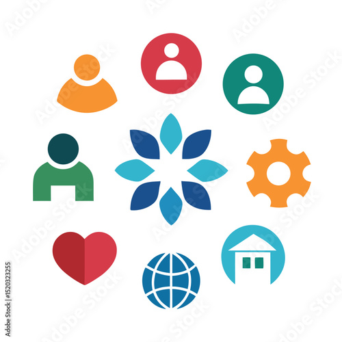 Colorful icons representing community global society and organizational values
