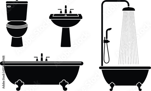 A black and white bathroom setup featuring toilet sink bathtub and shower with water flowing from the head