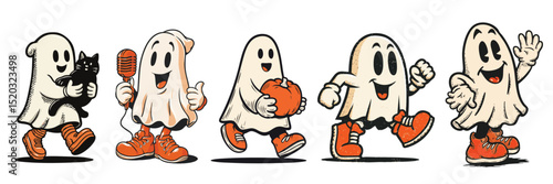 halloween ghost cartoon mascot character with expressive faces and gestures