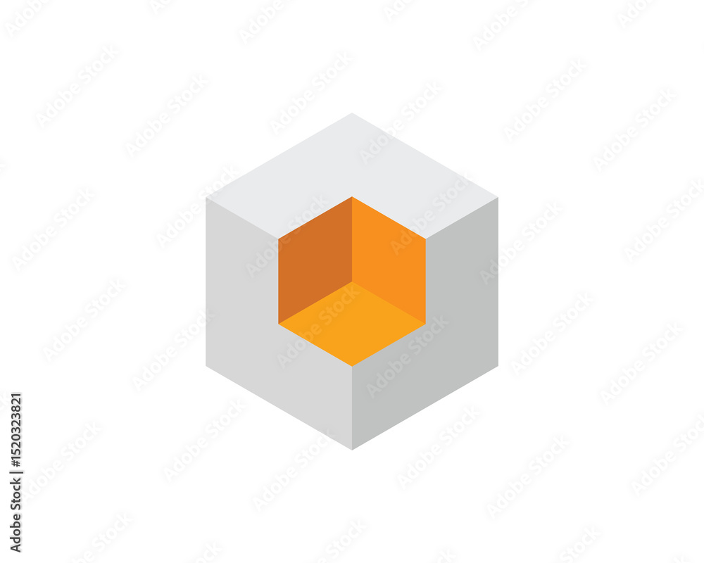 Abstract isometric cube with a vibrant inner section, symbolizing potential, innovation, or hidden value.  Perfect for tech, design, or corporate presentations, websites, and marketing materials.