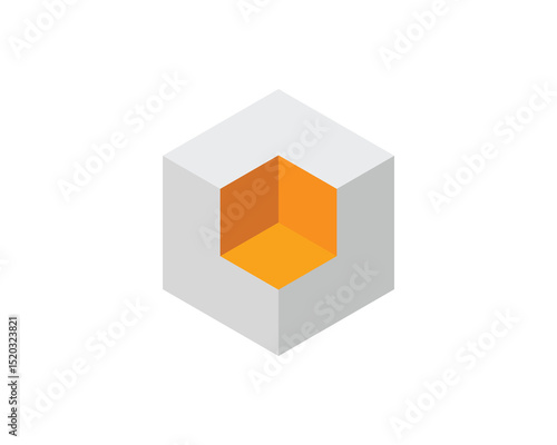 Abstract isometric cube with a vibrant inner section, symbolizing potential, innovation, or hidden value.  Perfect for tech, design, or corporate presentations, websites, and marketing materials.