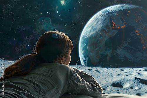 Woman lying down watching the planet earth from the moon