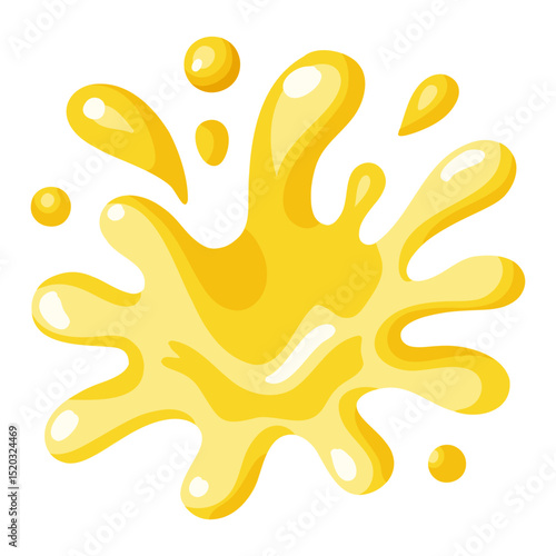 Yellow Splash of lemon juice with drops and shiny highlights. Cartoon Vector isolated illustration on white background. 