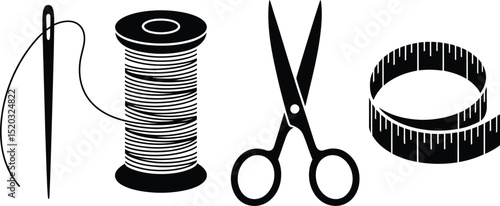 A black and white illustration of sewing tools including a needle, thread, scissors and measuring tape