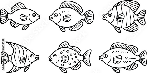 A collection of six outlined cartoon fish with different fin and body patterns on a white background
