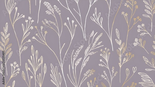 Wallpaper Mural Elegant Floral Seamless Pattern with White and Gold Branches on a Light Purple Background, Ideal for Fabric Designs, Wallpapers, and Creative Projects with a Luxurious Aesthetic Torontodigital.ca
