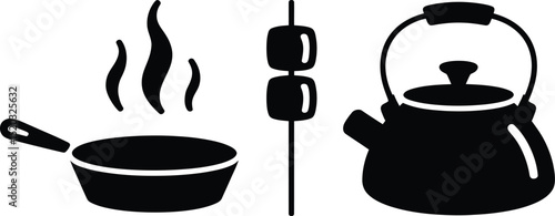 A black and white illustration of a frying pan with steam, marshmallows and a kettle, vector image