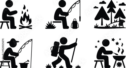 A set of six black and white icons depicting outdoor activities like camping fishing and hiking scenes