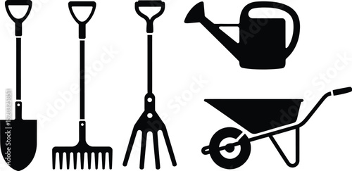 Black silhouettes of gardening tools including shovel rake pitchfork watering can and wheelbarrow set on white