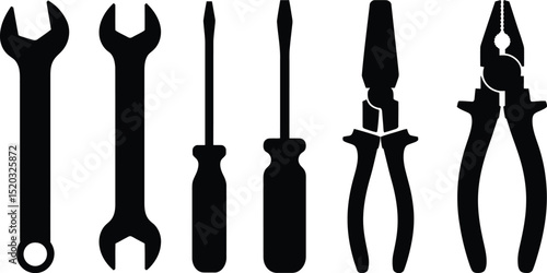 A collection of black tool silhouettes including wrenches screwdrivers and pliers on white background