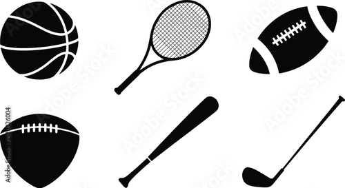 A collection of sports equipment including a basketball tennis racket and various balls and clubs