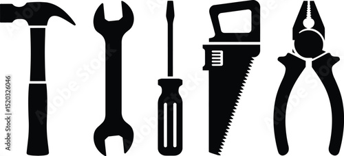 A graphic illustration of a hammer, wrench, screwdriver, saw, and pliers in black silhouette style