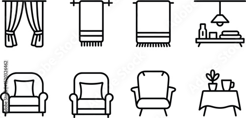 An illustration of home furnishings including curtains towels chairs and a table with plant and cup