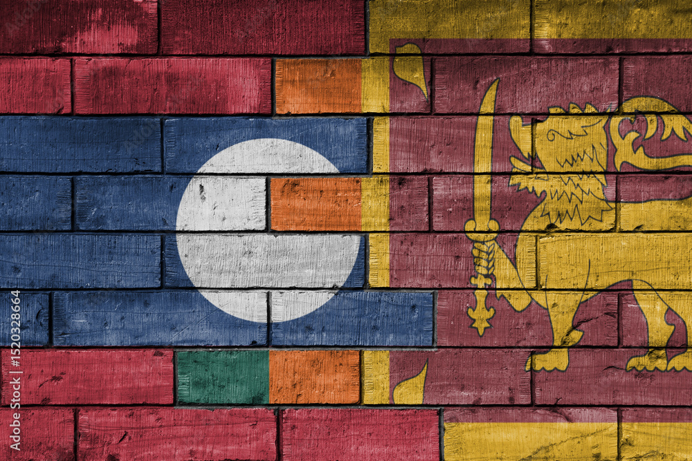 Fototapeta premium colourful painted big national flag of sri lanka and flag of laos on a massive old brick wall background. concept