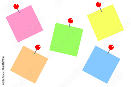 Colorful sticky notes arranged on a white background in a creative display showing different pastel colors and push pins