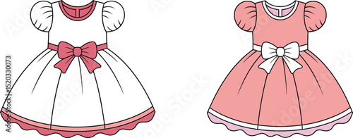 Pink dress girl vector illustration: fashion bride and groom cartoon couple