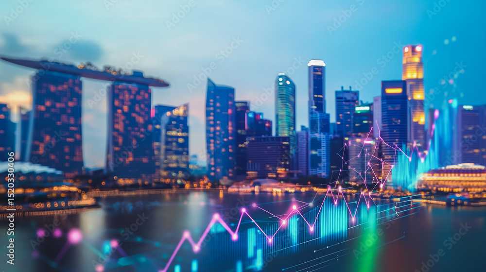 Obraz premium Smart city with connection network reciprocity over the cityscape social media networking systems that connects on the peak of success amid tall, innovative Smart city and graphs with statistics