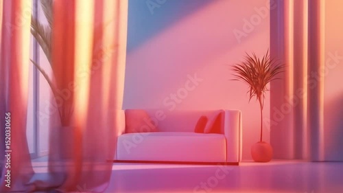 Modern interior design with stylish plants, sofa, and colorful lighting creating an aesthetic space
