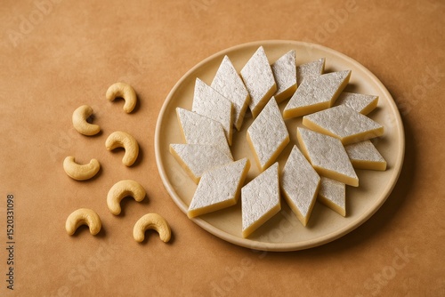 Delicious Kaju Katli Indian Sweet Dessert on Plate with Cashews on Brown Background