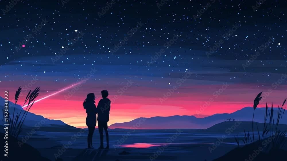 Romantic Night Under the Stars: Couple Watching a Shooting Star Together for Wishing Romantic Night Under the Stars: Couple Watching a Shooting Star Together for Wishing