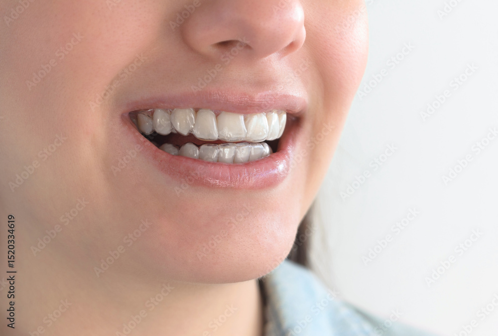 Obraz premium Contenciones dentales removibles post tratamiento de ortodoncia con alineadores invisibles.