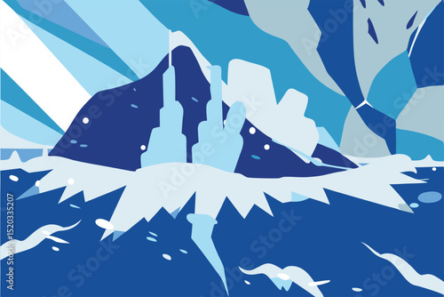 Abstract depiction of a mountainous landscape with geometric shapes and shades of blue