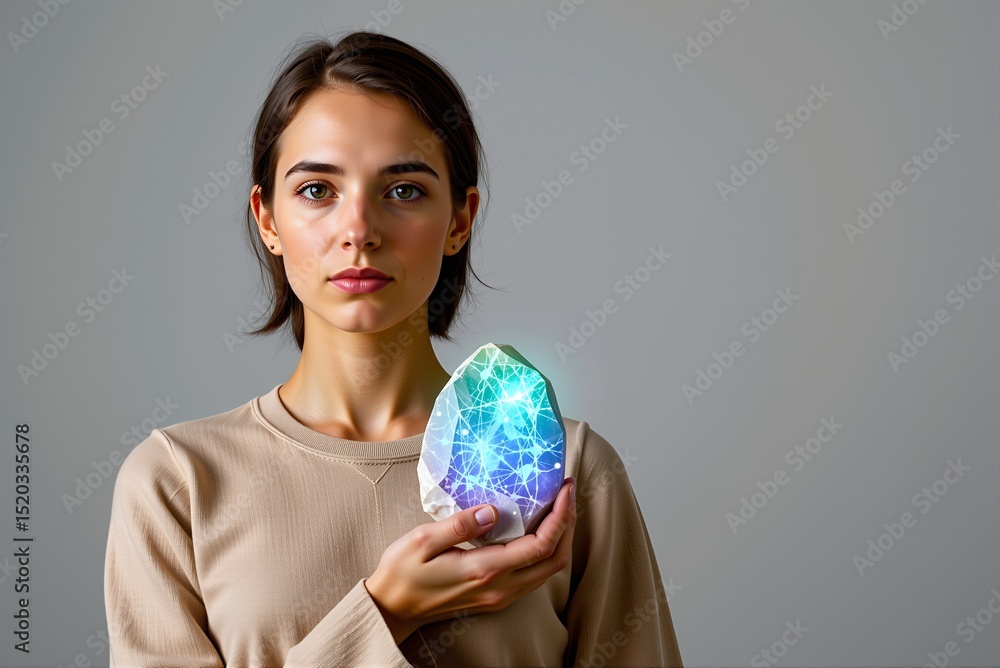 Young woman holding glowing crystal while standing against gray background Young woman holding glowing crystal while standing against gray background