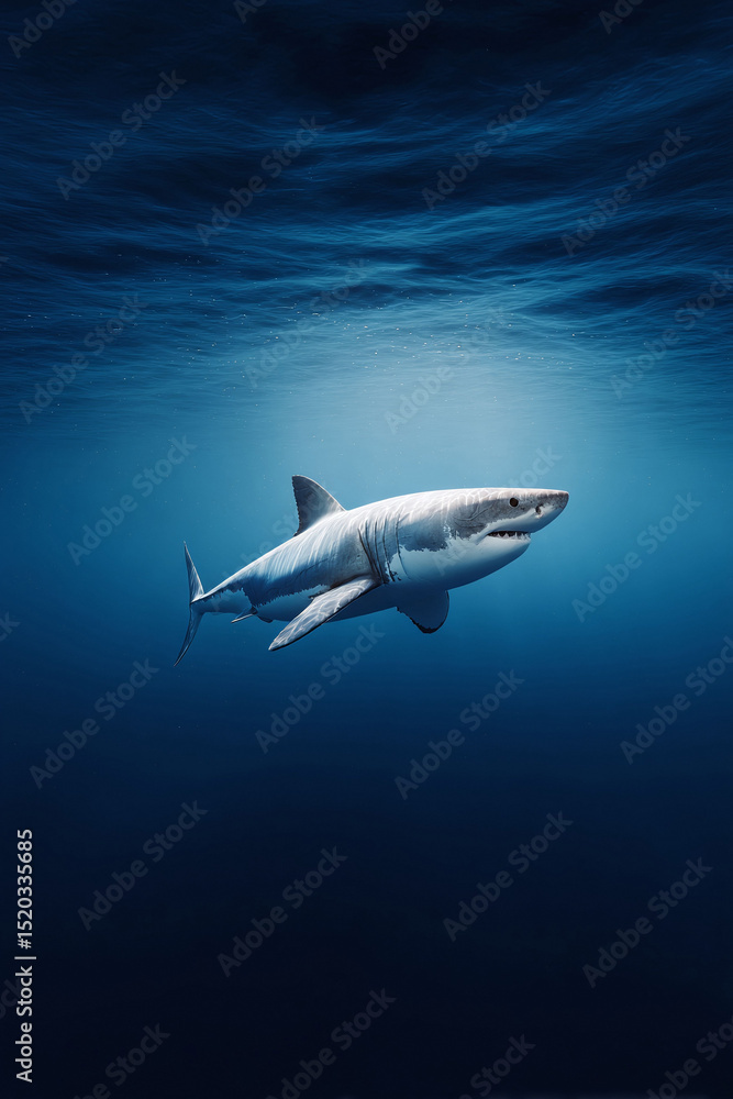 Fototapeta premium Majestic great white shark gracefully glides through deep ocean. A powerful symbol of natures untamed beauty and the mystery of the deep sea.