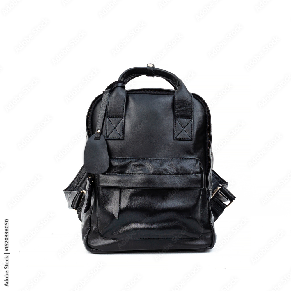 Fototapeta premium Glossy black leather backpack isolated on white background, perfect for leather product catalog design
