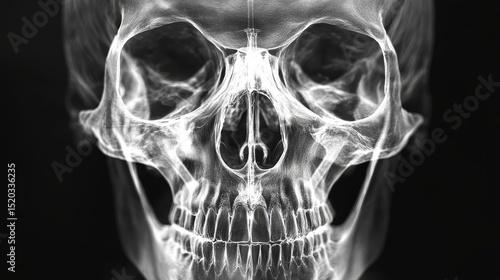 Detailed skull x-ray on black background highlighting bone structure