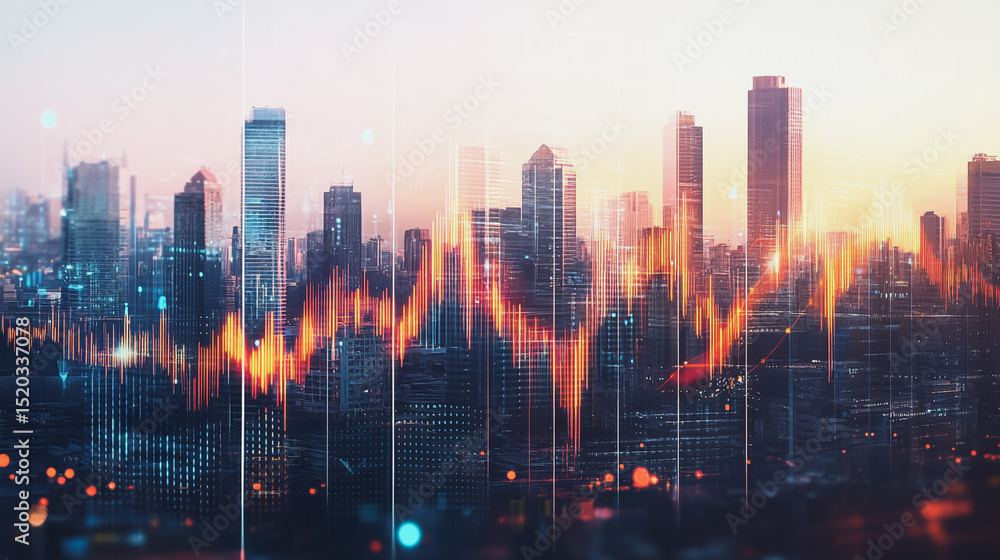 Fototapeta premium Smart city with connection network reciprocity over the cityscape social media networking systems that connects on the peak of success amid tall, innovative Smart city and graphs with statistics to a