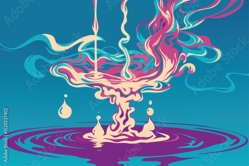 Abstract liquid pouring and splashing with color swirls creating unique artistic composition