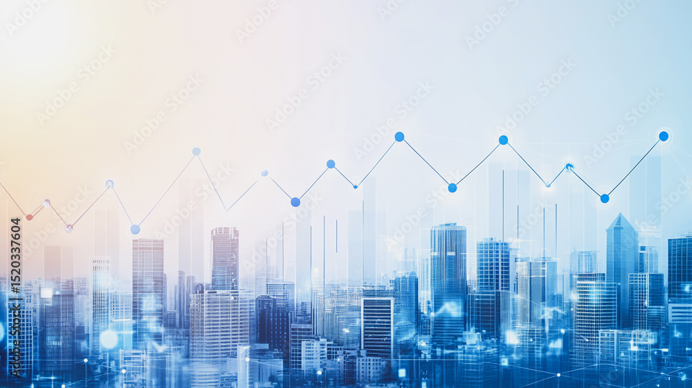 Obraz premium Smart city with connection network reciprocity over the cityscape social media networking systems that connects on the peak of success amid tall, innovative Smart city and graphs with statistics to a 