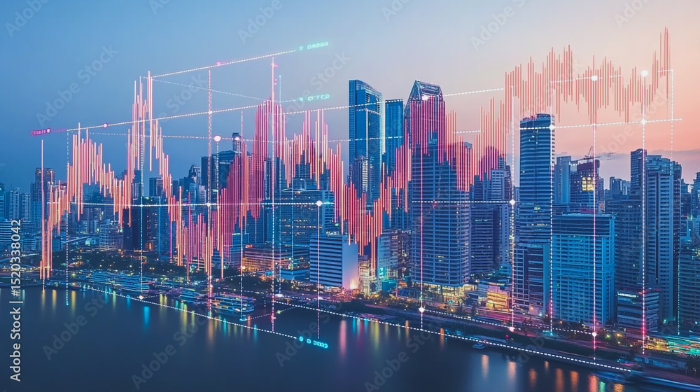 Fototapeta premium Smart city with connection network reciprocity over the cityscape social media networking systems that connects on the peak of success amid tall, innovative Smart city and graphs with statistics to a 