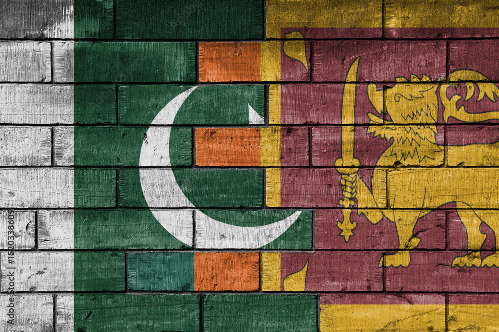 Fototapeta premium colourful painted big national flag of sri lanka and flag of pakistan on a massive old brick wall background. concept