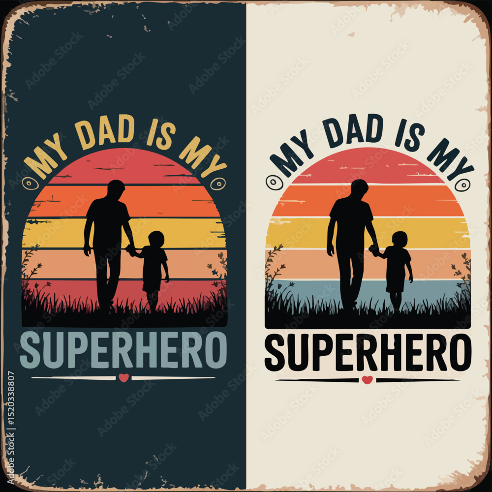 Obraz premium Vintage Father’s Day T-Shirt Design with Sunset and Silhouettes