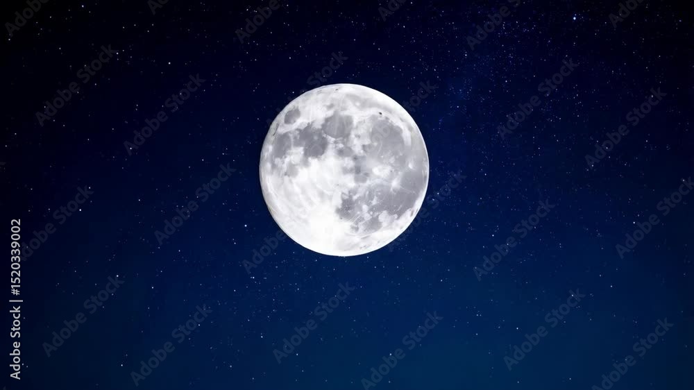 Celestial vista showcasing a full moon with craters surrounded by a field of twinkling stars in a dark blue night sky background. Celestial vista showcasing a full moon with craters surrounded by a field of twinkling stars in a dark blue night sky background.